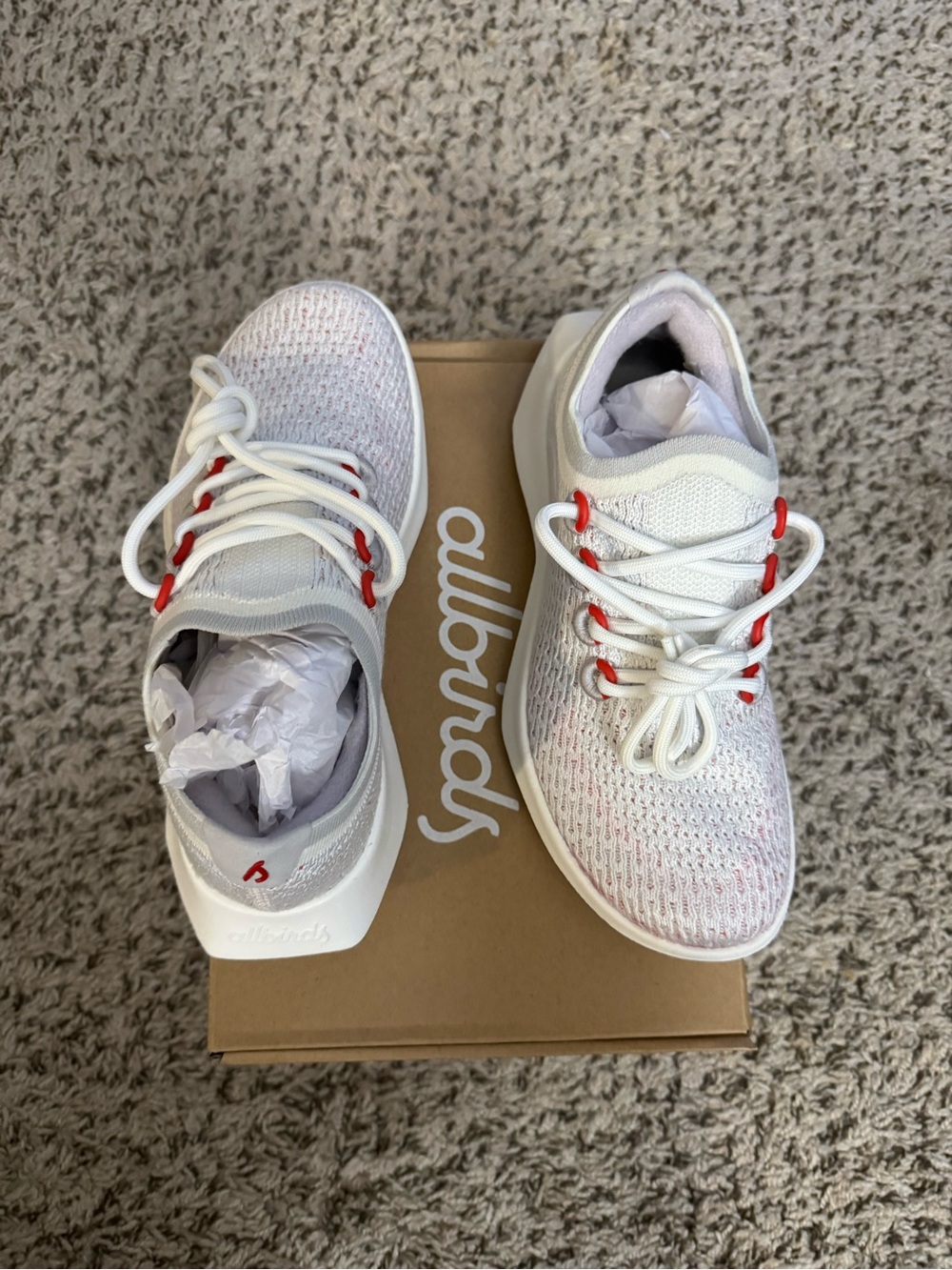 Allbirds Womens White Running Sneakers with Red Accents